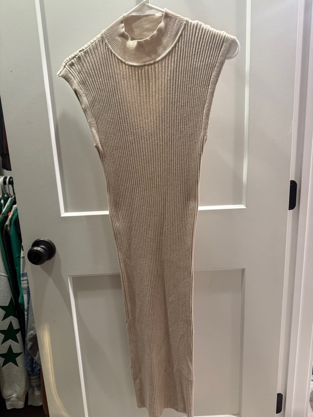 Ribbed V-Neck Knit Midi Dress - Cream